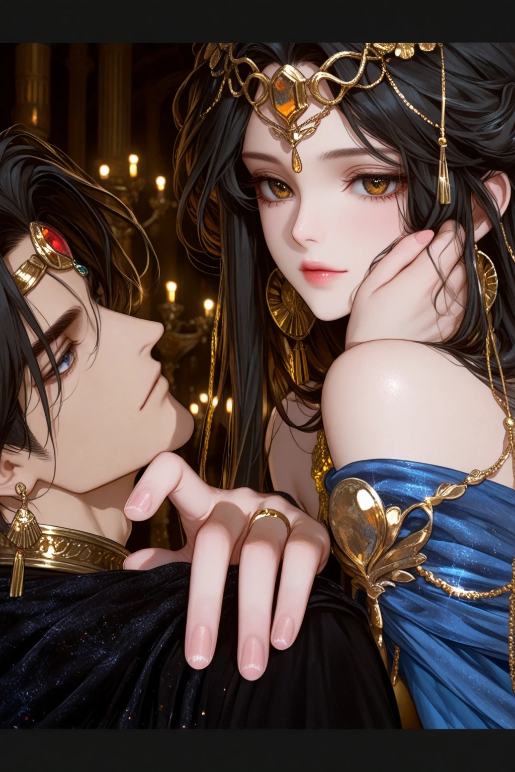 there are two people dressed in costumes posing for a picture, second life avatar, roberto ferri and ruan jia, imvu, bussiere and roberto ferri, inspired by Ren Renfa, ruan jia and brom, asya yoranova and alan lee, tyler edlin and natasha tan, wearing fantasy formal clothing, wearing gilded ribes, a beautiful fantasy empress