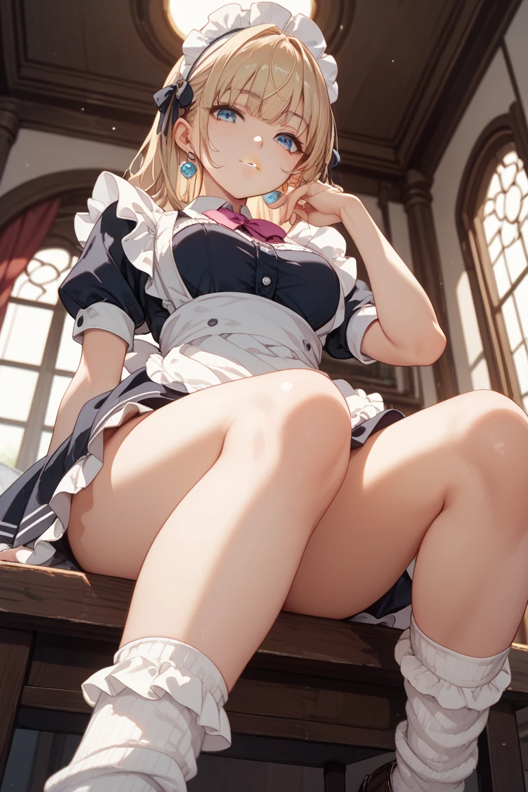 (footjob), Masterpiece、Highest quality、Highest quality, (long and thin legs, shoes:1.2), Arm behind wrist, squat、Spread your legs、1 girl, (smile、Open your mouth大笑い:1.2), Cute eyes, (Detailed face:1.3)、Open your mouth, The whole face turns red, alone, Big and ample breasts, (Straight bangs, Twin tails), White maid outfit、Side bust、Underbust、belly button、Walking through the mansion'corridor、nsfw、shoes下