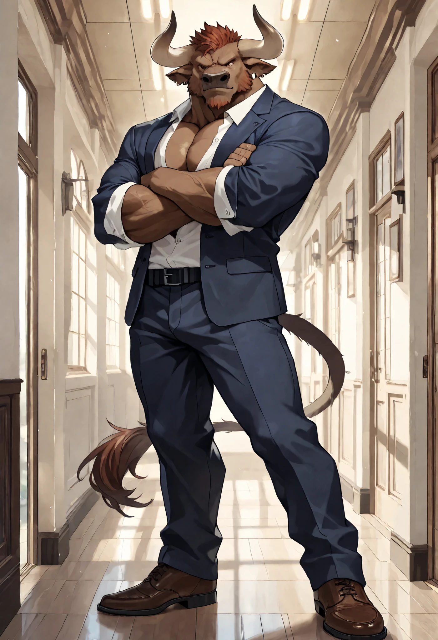 Athlete body, commission for high res, anthropomorphic, there is a brown minotaur, minotaur horns, suit and tie, bare chest, unbutton shirt, calm and cool, mysterious, standing in a hallway, looking at viewer, full body, crossed arm stance, smart and cool, close up.