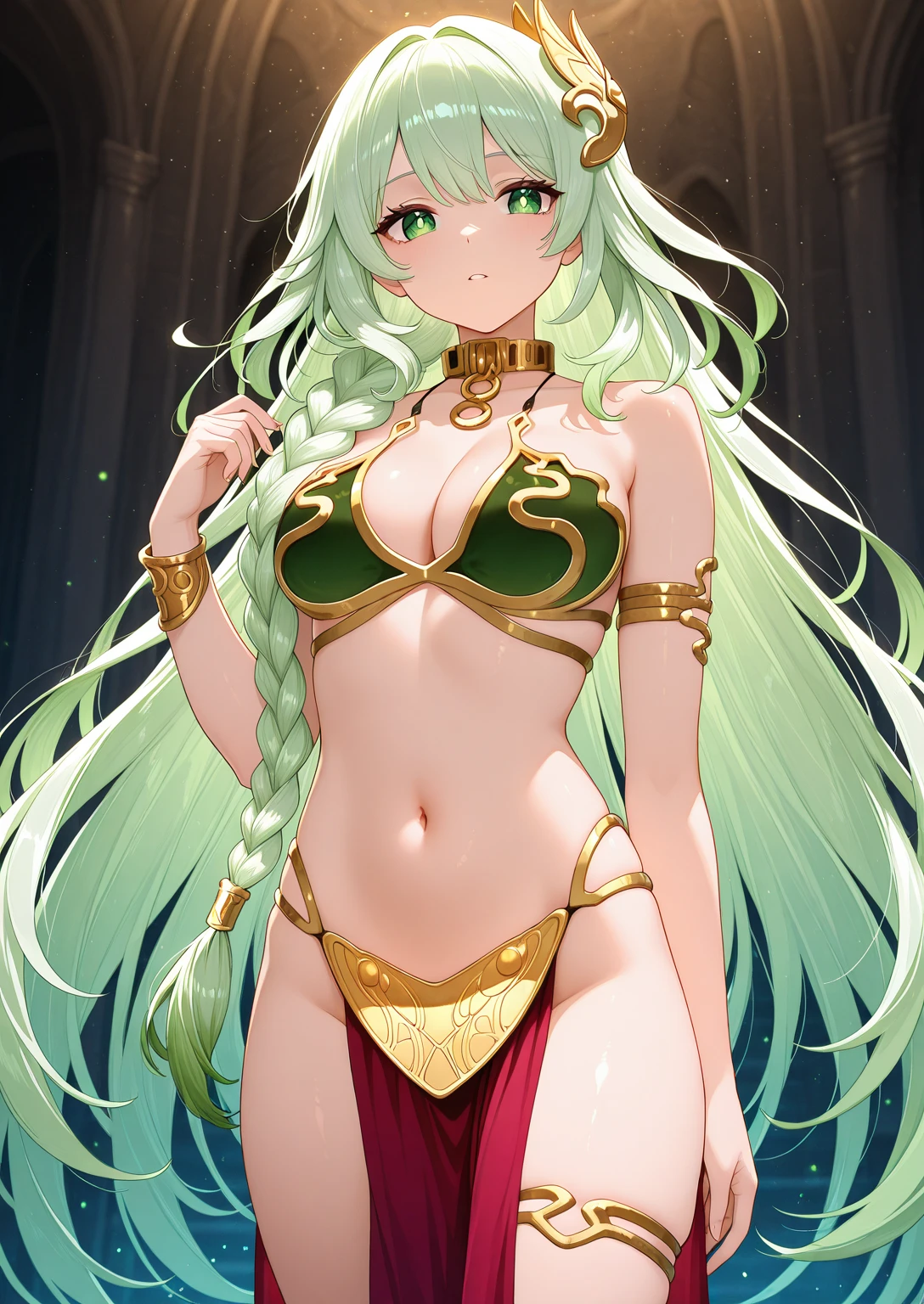 (masterpiece), (High resolution), (super delicate),,(Horror elements), Snake print bikini,Cute Core Clown、Skull Accessories、((Alphonse Mucha 1.5))green hair、

