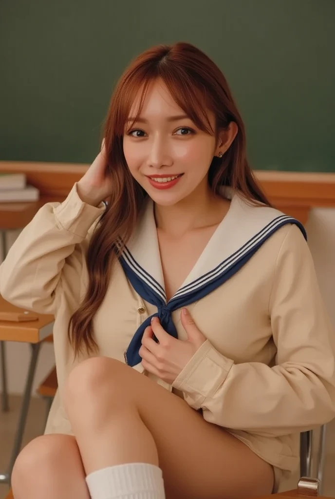 one girl、very cute、a smile、looking at viewert、a sailor suit、a picture、top-quality、A detailed face、‎Classroom、diffuse lighting