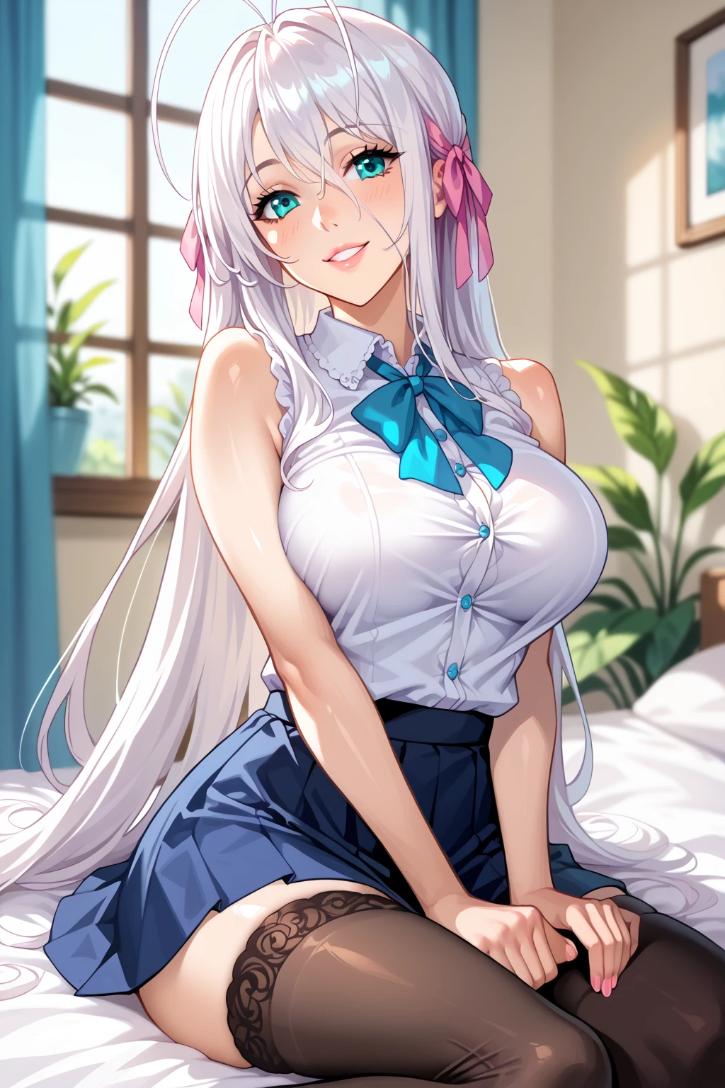 (masterpiece, top quality, best quality, official art, beautiful and aesthetic:1.2),ultra-detailed,intricate details,amazing illustration,award-winning art,atmospheric, 
BREAK, 1 beautiful girl, (17 years old girl), Very detailed, colourfull, highest details, 

BREAK , 1girl in, (Cute:1.5),(Cool:0.8), (Beauty:1.5),(Chibi:0.5), (17 years old girl), (girl, Older sister, Unclear, Beautiful face of Japan:1.2) BREAK, (A detailed eye,Tsuriformes:1.2),(Silver hair,Long hair in a bun,Deco:1.8),(huge breasts:1.35),star eye silhouette, (long eyelashes, Double eyelids:1.2), cleavage, ,Swaying udder, Clear skin, Beautiful skin, Shy, Erect ,Clear skin, Beautiful skin, Shy, gleaming skin,(best quality face),(Top quality glowing eyes),(The best smile,Doya face:1.45), BREAK,arms below breasts,

BREAK, girl, Cute, Cheerful, Loli face, A dark-haired、a short bob,tareme, gleaming skin, Hugging a stuffed rabbit, Playboy Bunny, shiny school swimsuit, High socks with pink and yellow stripes,Pink Bunny Years Hair Band, Eating carrots and lying on the couch, Open legs wide ,Awaken,looks sleepy (Toy store background, Lots of stuffed animals,cuckoo clock:1.2), BREAK,wakame,wakame,wakame,(Cowboy Shot,raise up leg:1.4), 

BREAK,(Blurry background:1.3),(absurderes, hight resolution, Super Detail Art),cel shading,Clear Color, Lonely optical effect, Beautiful pictures, Bright glow, mystic atmosphere,(Close-up of girl:1.1), Mystical light particle effect,manga influence, clean line drawings,