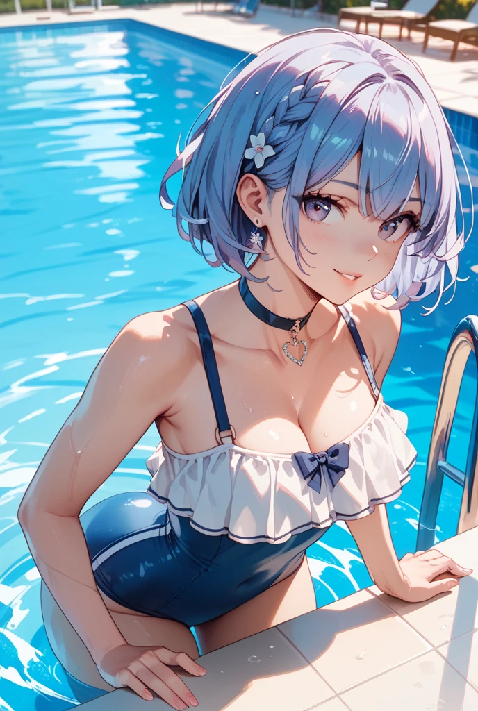 (masterpiece, Highest quality, Super detailed, 8K, wallpaper, Realistic), ((Perfect hands)), ((Perfect Anatomy)), Medium cleavage, Long, round legs, Round ass, ((Attractive anime girl)), ((Rei Ayanami)), ((Capturing her ethereal beauty with pale wet skin, Wet short indigo hair)), ((Bright crimson eyes with a mysterious depth)), ((Pale blue or white one-piece swimsuit, Swimwear should be simple and elegant, With a high neckline and a discreet yet flattering cut, NERV logo and、Evangelion-themed designs, etc.、Subtle details can be incorporated as accents, To pay tribute to her character)), ((Close-up shot, Side view)), ((Dynamic Background)), ((Sensual pose))