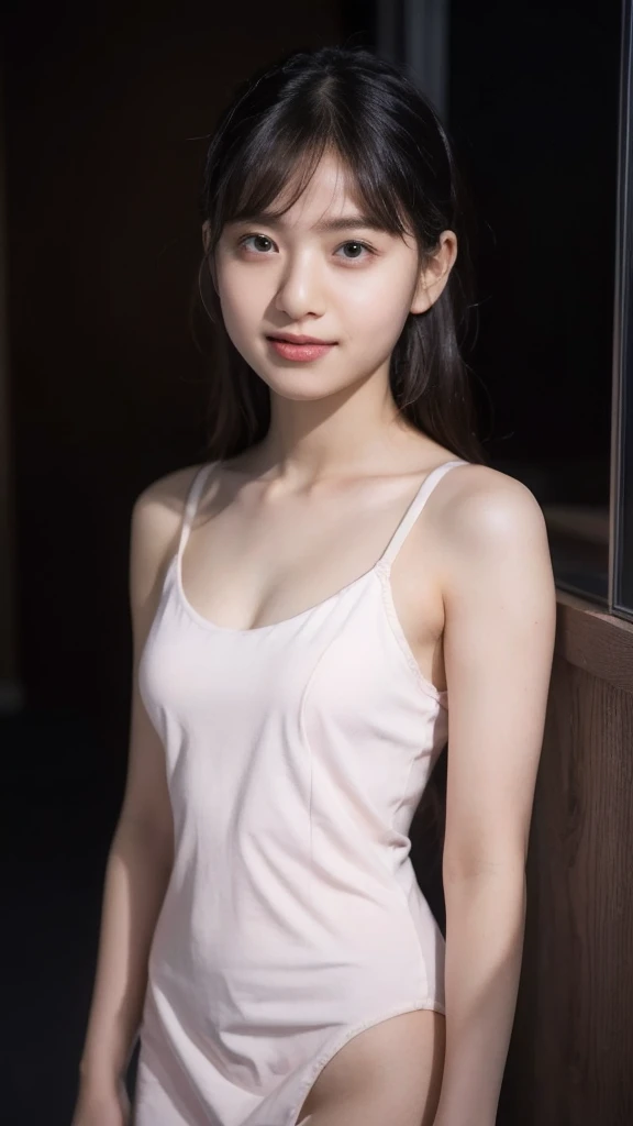 10yo, slender girl, (make up:1.1), (white short camisole:1.2), small breasts, at school room, (upper body shot:1.1), cowboy shot
