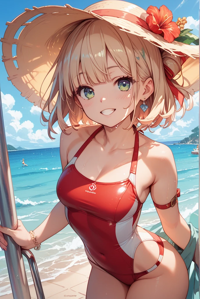 Wavy blonde hair、red eyes、One pretty girl、独奏、animesque、A sexy、The bikini、gravure、a river