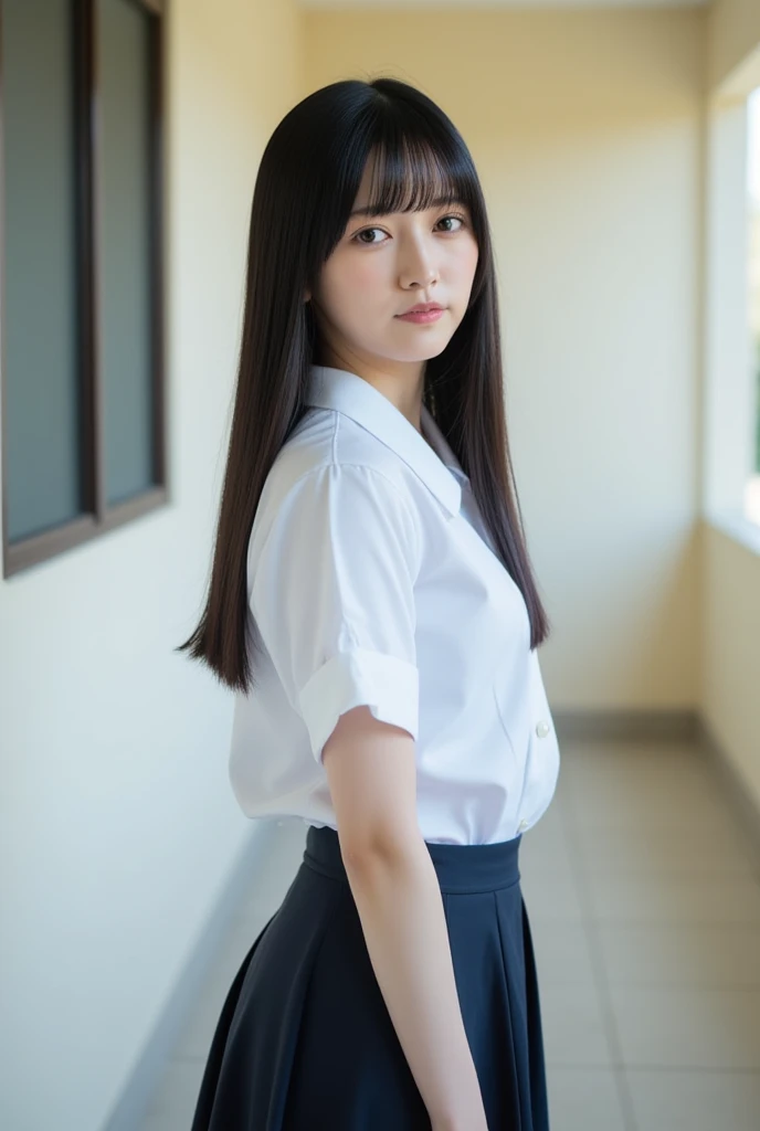 (((masterpiece、Highest quality、Very detailed:1.42、Focus on the eyes)))、White blouse and navy blue scarf、Portrait of a Japanese female high school student wearing a Japanese high school sailor uniform consisting of a skirt。Her hair is shoulder-length、Her straight black hair shines brightly.、The bangs are trimmed above the eyebrows。Her skin is translucent and bright、There is a natural flush to the cheeks。Her big black eyes shine gently、Her thin, naturally arched eyebrows soften her look.。Her lips are pale pink、Smiling。
The background is a Japanese high school classroom.、Natural daylight pours in through the large windows。Outside the window is blue々Tree々I can see、A peaceful landscape spreads out。The wooden desks and chairs are lined up neatly in the classroom.、Textbooks and notebooks are spread out on the desk.。There are chalk-written formulas and notes on the blackboard.、Traces of classes can be seen。The classroom walls are decorated with school posters and bulletin boards.、A vibrant learning environment is apparent。
She holds her textbook in one hand、The other hand is lightly placed on her hip。On the cover of the textbook「Japan history」It is stated that、Carefully drawn down to the smallest detail。Her posture is relaxed、Standing naturally。The school emblem is embroidered on the collar of the uniform.、The fine details are impressive。彼女の足元には黒いローファーI can see、White socks give off a clean look.。
There is hope and expectation for the future in her eyes.、His eyes reflect the light。Each strand of hair is depicted delicately.、Light and shadow are realistically expressed。The light coming in through the classroom window softly illuminates her outline.、It enhances her presence even more.。Other students in the background are concentrating on the class.、Each one is depicted in a different pose and expression.。as a whole、A vibrant and realistic learning environment is vividly recreated, just like a photograph.。