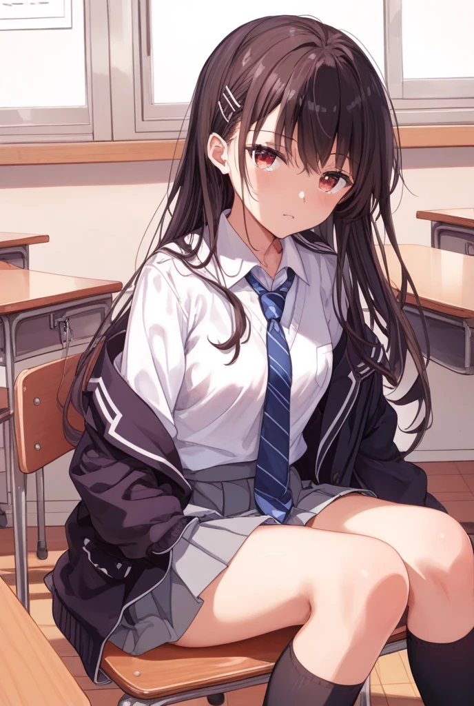 highest quality,masterpiece, ((2 girls:1.5)), (cardigan)、eight-headed body, Put your knees on your chest:1.5, ((high school student)), ((classroom:1.5)), (White panties:1.5), Brown hair, ((1 boy)), ((fat man))