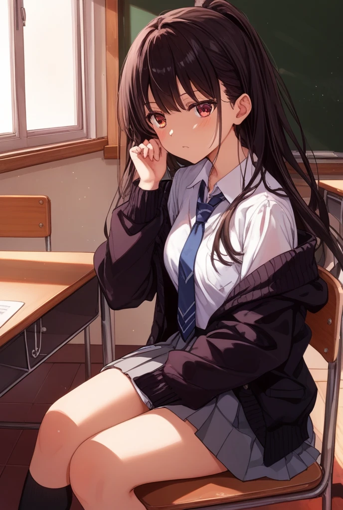 NSFW　Tohsaka Rin, Aqua Eye, (Black Hair:1.5), hair ribbon, Long Hair, ribbon, Side Lock, Both sides up, (Parted bangs:1.5), break (brown Sweater vest:1.2), collared shirt, Homurahara Academy uniform, neck ribbon, red ribbon, ribbon, , shirt, Sweater vest, white shirt, break indoors, classroom, break looking at viewer, (Cowboy Shot:1.5) break (masterpiece:1.2), Highest quality, High resolution, unity 8k wallpaper, (figure:0.8), (Beautiful attention to detail:1.6), Highly detailed face, Perfect lighting, Highly detailed CG, (Perfect hands, Perfect Anatomy),　Sit on a chair　Cute white panties　Spread your legs　Spread your legs