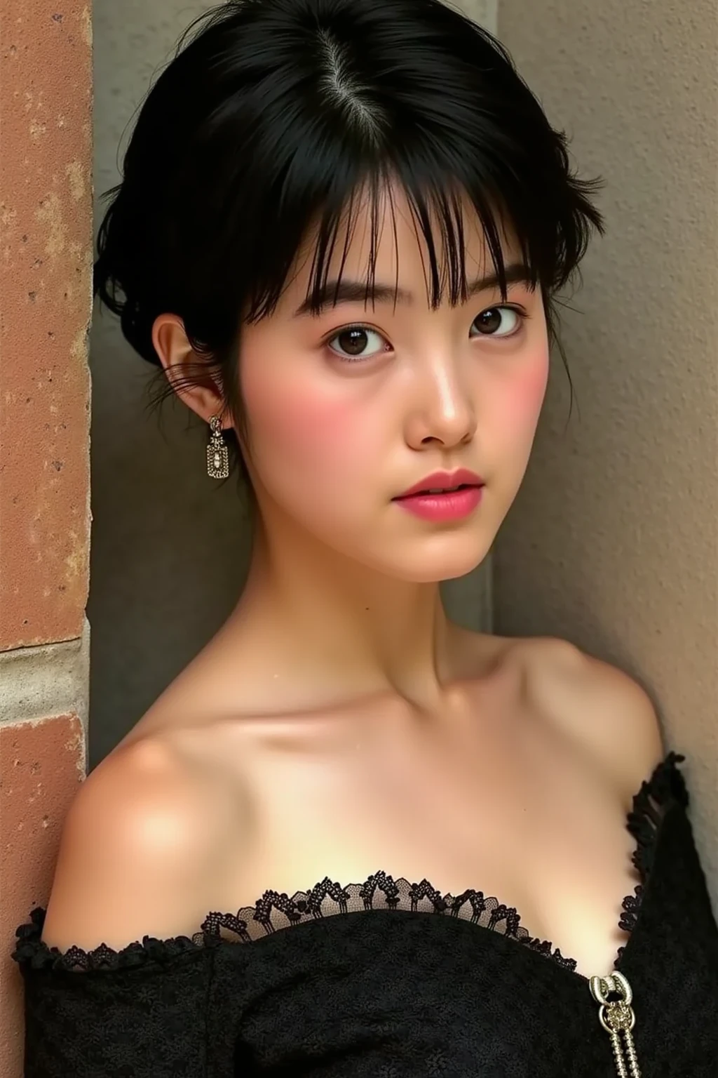 ((best quality, 8K, masterpiece: 1.3)), (Lace top with skirt: 1.3), focus: 1.2, Perfect body beauty: 1.4, Hips: 1.2, ((Layered Hairstyle: 1.2)), (Dark Street: 1.3), Highly detailed face and skin textures, delicate eyes, Double eyelids, Skin Whitening, Layered short hair,