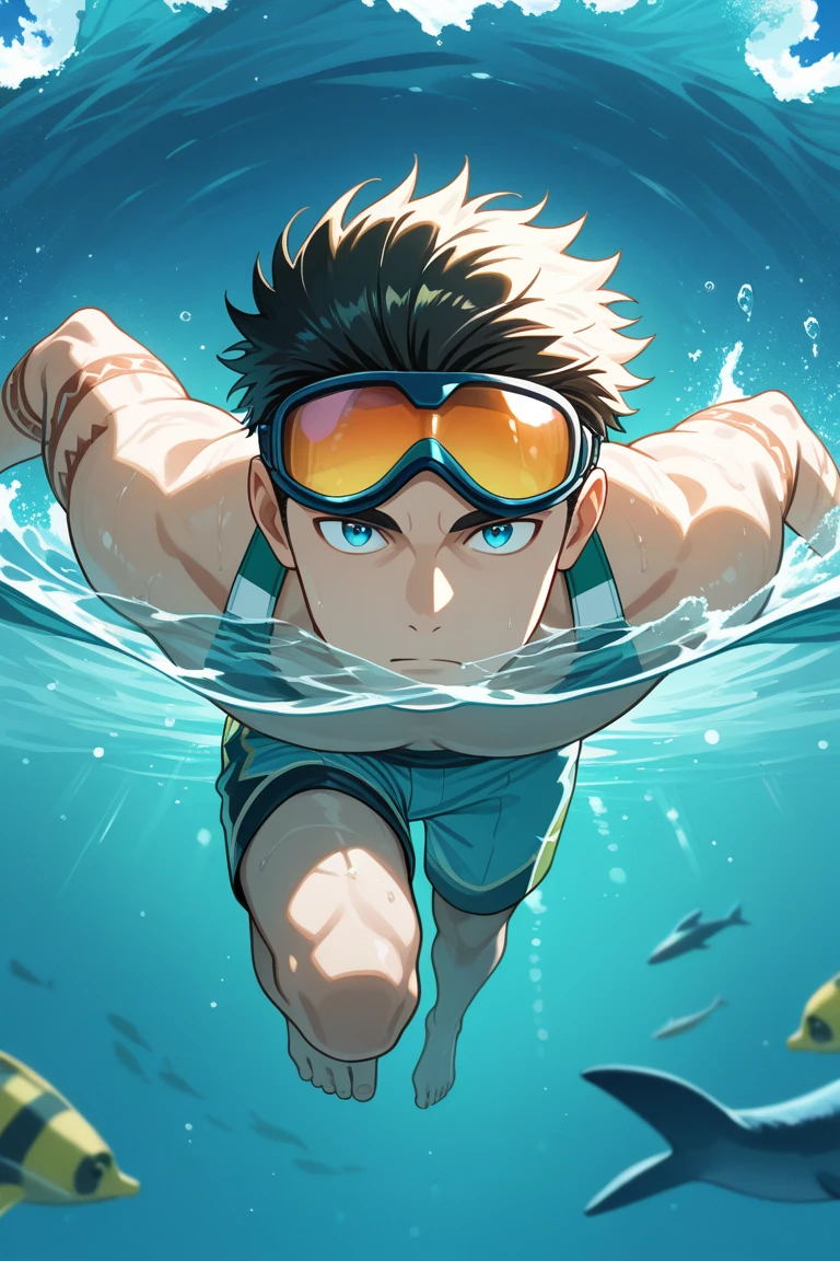 There is a young man of 15 years old with violet hair wearing swimming goggles aquatic goggles swimming in the water with a camera, captura, nadando bajo el agua, nadando bajo el agua, still video, punto de vista bajo el agua, nadando profundamente bajo el agua, I