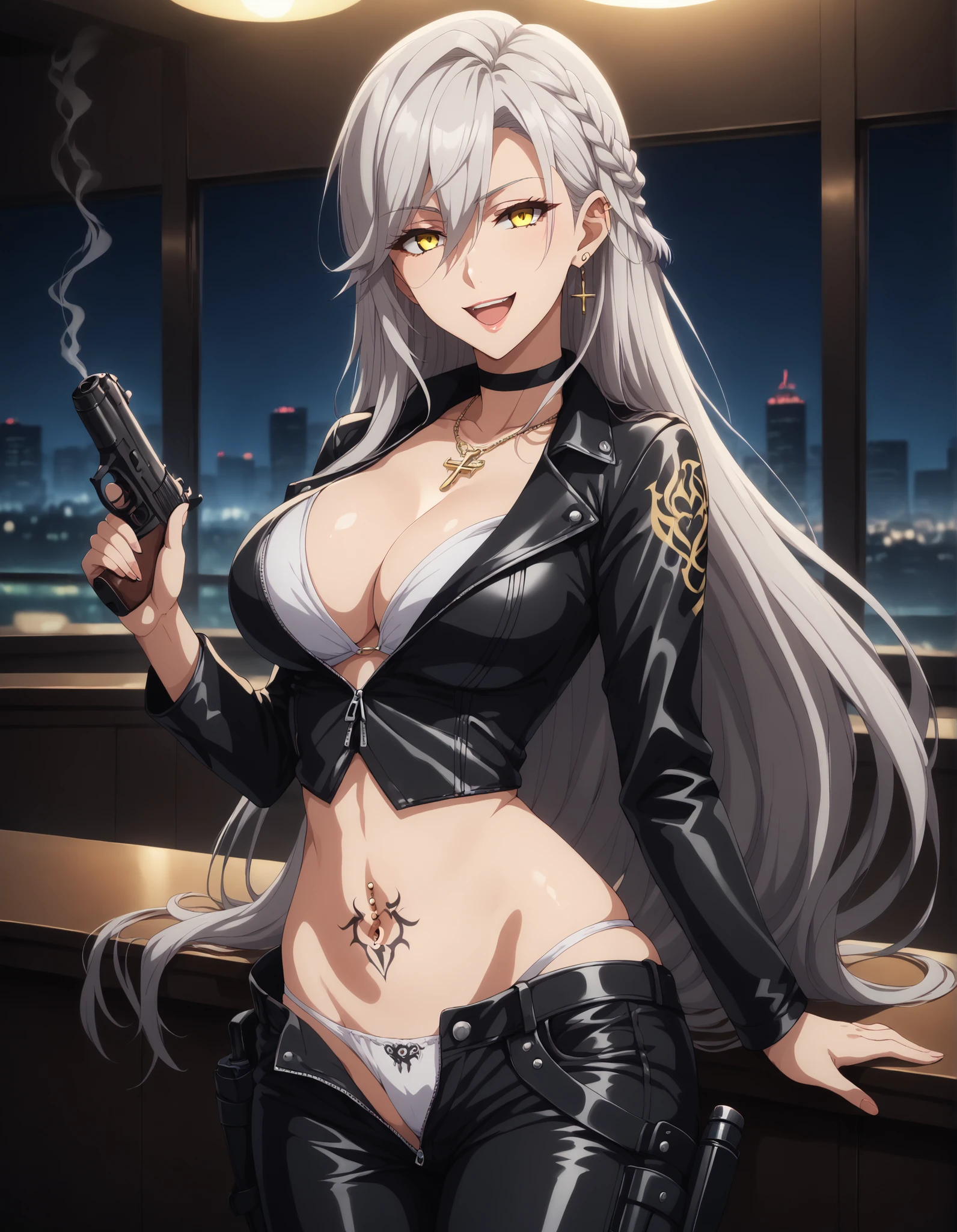  1girl, fefe, red eyes, side ponytail, ear piercing, long hair, blush, lipstick,,fur trim, mature female, gloves, fur-trimmed coat , outdoors, rooftop, cityscape, building, railing, night, night sky, scenery, moon, city lights, gloves, masterpiece, best quality, highly detailed, a girls with a gun, evil smile , open mouth, sexy gaze, badass
pose , evil smile, smile, (nsfw) not safe for work, guns blazing, anime girl with long hair, beautiful long
haired girl, navel, evil expression, exposed belly, exposed navel, exposed midriff, exposed lower belly,
long black pants, crop top, cleavage, unbuttoned leather pants ,open fly, low rise black leather pants,
leather jacket, holding a gun, navel piercing
