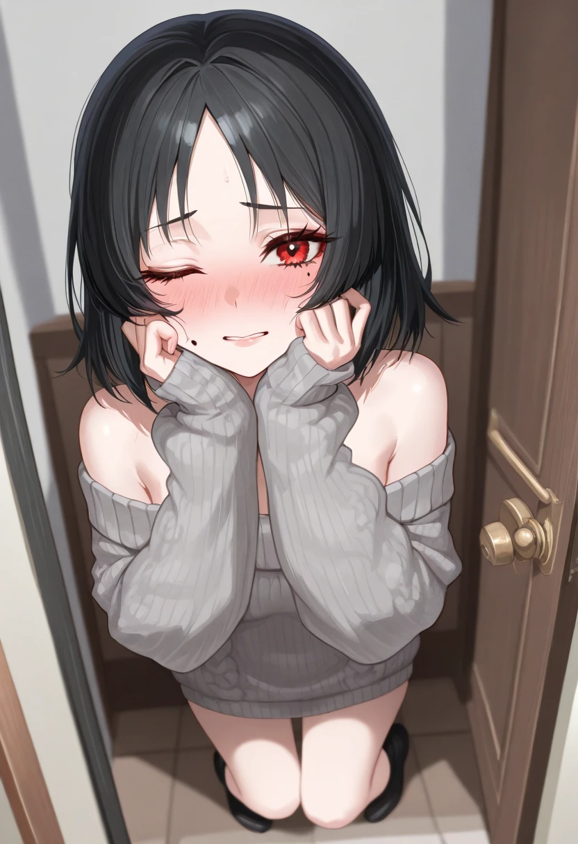 solo, 1girl, embarrassed nose blush smile, black hair, medium hair, grey eyes, dark brown clothes, arm behind head, blurry background <lora:Kawakami_Masaki_style_v01.08:1>