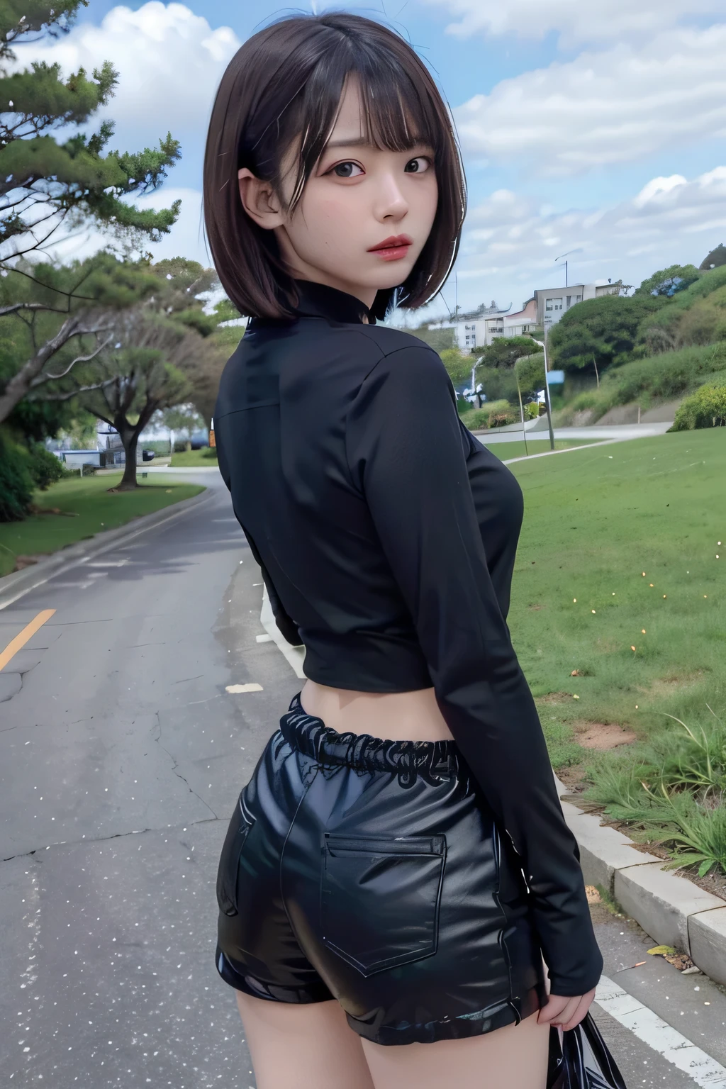High quality, best quality, 4k, 8k, photorealistic A 20 year old Japanese woman is standing outdoors in a bright sunny day. She has shiny black hair in a ponytail, beautiful sparkling black irises, and is wearing a black wire mesh sweater and small red shiny shorts. She has her hands clasped together in a natural pose. The background is blurred, but some greenery and buildings are visible, giving the feeling of being in a well-maintained urban area.
