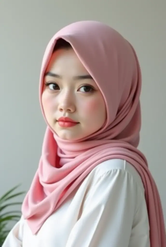 Chubby adorable, 1 girl, (face to face), 10 years old, baby face, happy, half body portrait, (face details: 1), (eye details: 1), ((big breasts)). wearing transparent transparency softpink long shirt, hijab, .. Cute posed. proportional body. Ultra High Res. realistic: 1.4, UHD, (floral pattern), view from side seductive pose