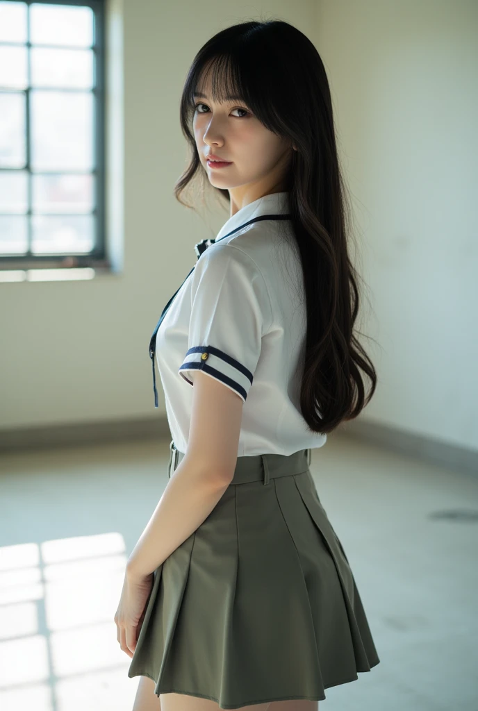 one-girl，It's standing，RAW photogr，8K，highest  quality， 超高分辨率，beautiful face detail，Real human skin，Very shy的表情，up front view，Twist braids，realistically，realistically，Very shy，White stockings，cute female student，Japanese schoolgirl uniform，wearing a Japanese school uniform，校服，Surreal female high school student，（Full body lesbian: 1.1.8），wearing boots