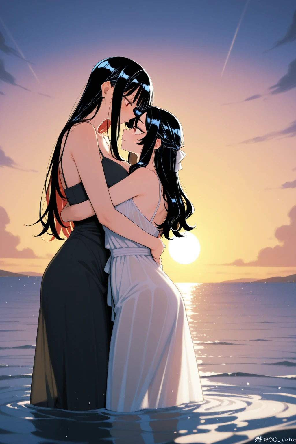 Two anime girls, one has long red hair and the other has long black hair,they have bright blue eyes,they only have a white towel in front of their breasts, they both have huge tits, they lie on top of each other on the beach and kiss, are excited and embarrassed, they touch each other,her breasts look natural