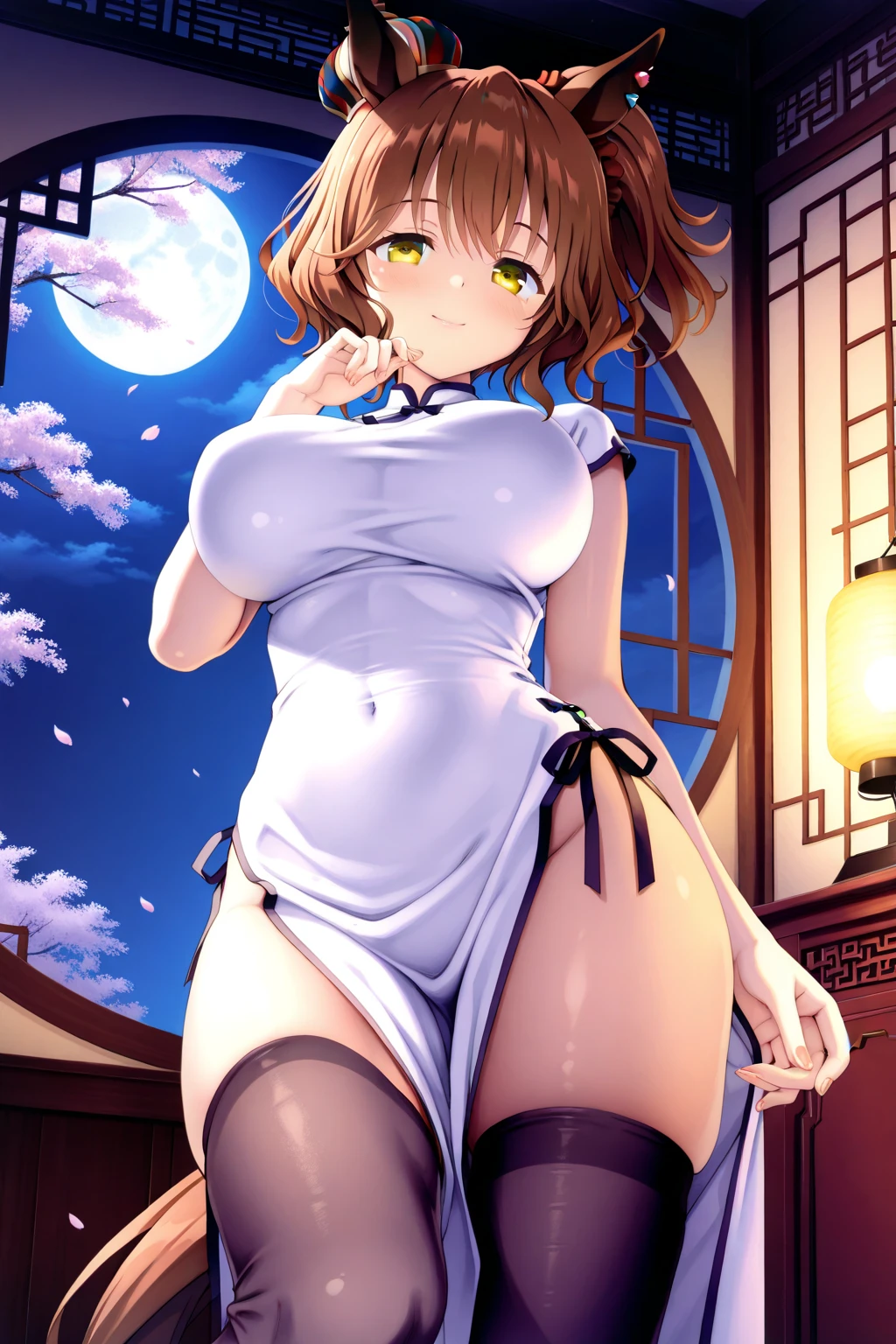score_9_up, score_8_up, score_7_up, 1girl, solo, source_anime, hourglass figure, Big breasts, kemonomimi, bear ears, brown hair, short hair, messy_hair, blue eyes BREAK freckles, purple outfit, (jiangshi), qing_guanmao, hat, smile, closed mouth, facing_viewer, (pale skin), standing, simple background, zombie, outdoors, graveyard, tombstones, grass, fullmoon, cleavage, night sky, dark clouds, starry sky