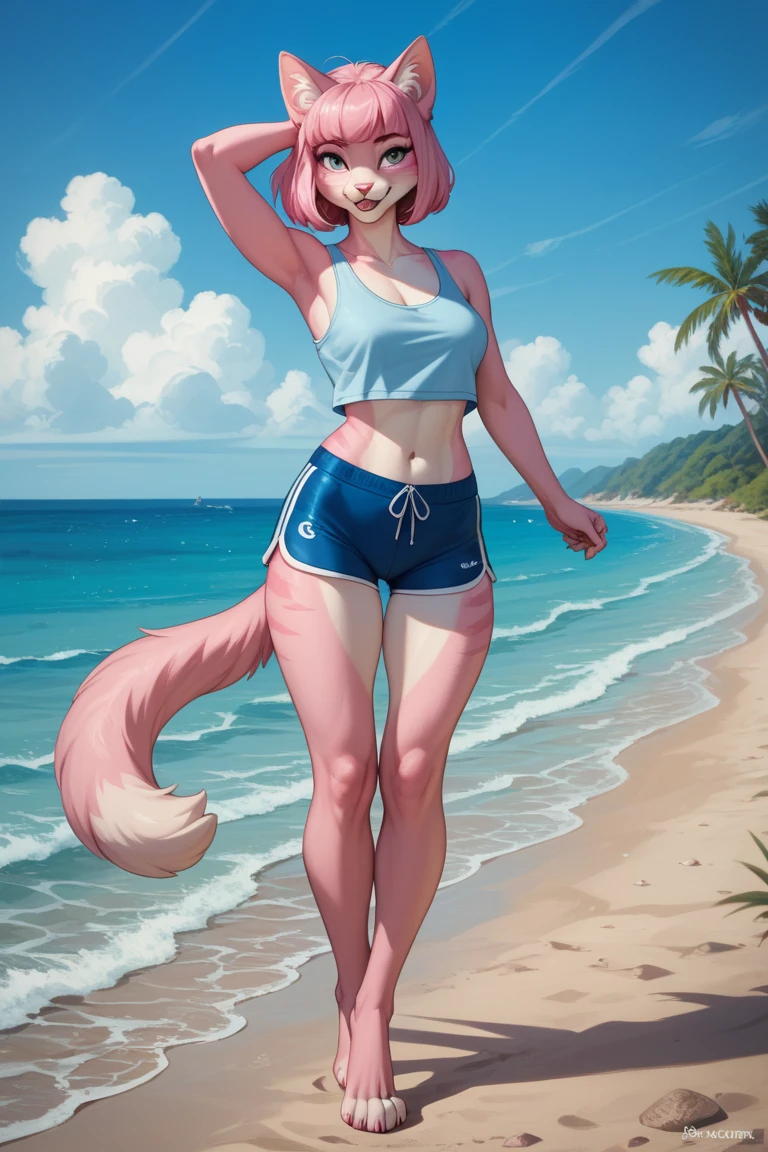 (masterpiece, best quality:1.3), (furry art:1.35), side view, close-up, solo, a sexy girl, (furry fox:1.35), (white toned fur, pink fur, fluffy:1.25), pink hair, wet sexy one-piece swimsuit, bend over, skinny, slim waist, thin hips, small tits, big ass, (fur collar, shiny pupils:0.75), looks over his shoulder, at the beach, windy, waves, sunrays, (dynamic:0.9), (seagulls:0.9), (rocks:1.1), horizon