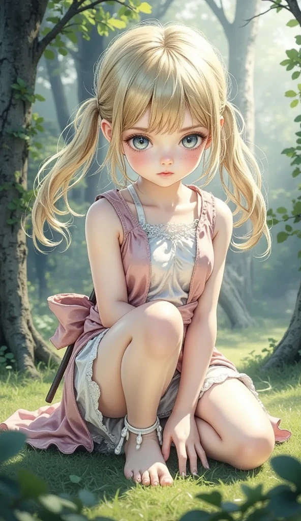1girl, cute, teen, slender, round face shape with angular jaw, blonde with bangs, grey eyes, topless, picking wet pink colorful mushrooms in a celestial forest, sunshine, stripe socks, pink skirt, hhorny touch, windy