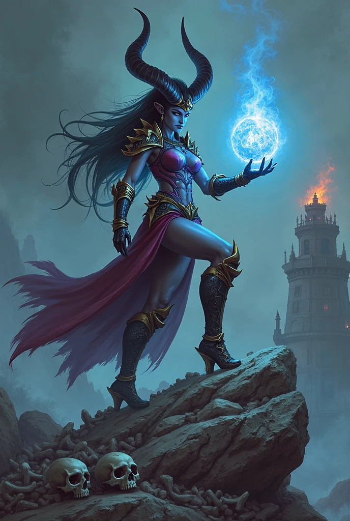 masters of the universe. a ((blue skinned)) female warrior, She has dark purple colored hair with lots of volume and wears (purple bikini armor accented in gold). (detailed face, detailed eyes) (best quality,4k,8k,highres,masterpiece, colorful, vibrant colors:1.2) , long eyelashes, ((detailed lips)), narrow eyes, lavender colored eyes. Good hands, detailed hands. Eternia background. Show her battling a swam monster, standing in deep water, the monster is large with green scales, she looks at the monster.