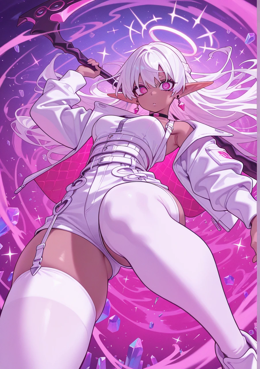 (Ultra Real), (Illustration), (High Resolution), (8K), (Very Detailed), (Best Illustration), (Beautiful Detailed Eyes), (Best Quality), (Ultra Detailed), (Masterpiece) big breasts, attractive legs, (busty), (perky) (huge ass) (bubble butt) human_feet, thick thighs, messy hair, super light blond (purple eyes:1.1), barefoot, 1girl, mole under eye, short hair, catlike puples, wide hips, shirt, long sleeves, jacket, white shirt, collared shirt, shorts, b, bindi dot, elf ears black gloves middle part hair, Wolbach, solo, multicolored eyes, parted bangs, defCorrin, top down pov