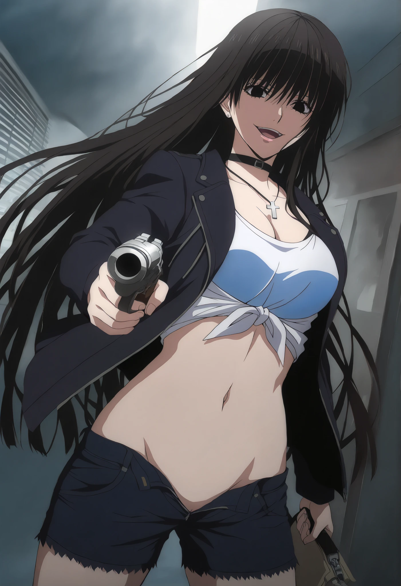 score_9,score_8_up,score_7_up,best quality, 4k, rating_safe, very aesthetic, source_anime,1girl,
hagoromo gitsune,,black eyes,empty eyes,black hair,very long hair, ,ear piercing, long hair, , lipstick,Hot girl, baddie, smoking, sensual, attractive cross necklace, choker, ,shoulder holster,, ,bar background, inside bar,indoors, cityscape, casino, nightclub, city lights,masterpiece , best quality , highly detailed , a girls with a gun , evil smile , open mouth , sexy gaze , badass pose , evil smile , smile , (nsfw) not safe for work , guns blazing , anime girl with long hair , beautiful long haired girl , navel , evil expression , exposed belly , exposed navel , exposed midriff , exposed lower belly , , cleavage , unbuttoned shorts , open fly , shorts , short shorts ,, leather jacket , holding a gun , holding pistol , unbuttoned shirt , tied shirt, knot , pull_down shorts , black short shorts , (show off panties , :1 . 2 , no panties) , zip up leather jacket , bikini top ,motorcycle jacket,, shoulder holster,, medium breast ,looking at viewer , dragon tattoo on waist, narrowed eyes, tattoo on waist, anipai_style , anime screencap , anime coloring, v-shape eyebrows,,