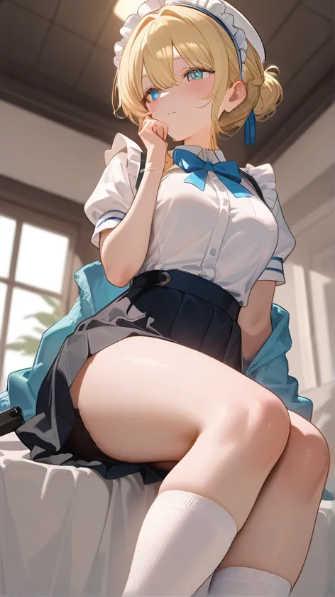 (((1girl))), ((best quality)), ((masterpiece)), ((ultra-detailed)), (illustration), (detailed light), (an extremely delicate and beautiful), (beautiful detailed eyes), (sunlight), ((extremely light)),  ((extremely clothes)), (((hyper detail))),

(((sailor uniform and a pleated skirt))),
,

high_twin_pig_tails, ((((white_silver_hair)))),  
((((yellow_gold_eyes)))), 

(((whole body))), aged 13 to 16, 
(((condescending expression))), (mischievous smile with sexual satisfaction),  (((extra adorable))), (((extra slender shape))), 
(((extremely beautiful detailed face))),

(((sitting down on the desk in the classroom with her legs up and closed))), ((erotic eyes with sexual satisfaction)),

((exposed silky pale purple panties)), ((())),
(((((Dutch angle))))),  (((from below))), 

(((extremely thin thighs))), ((white anke socks)),