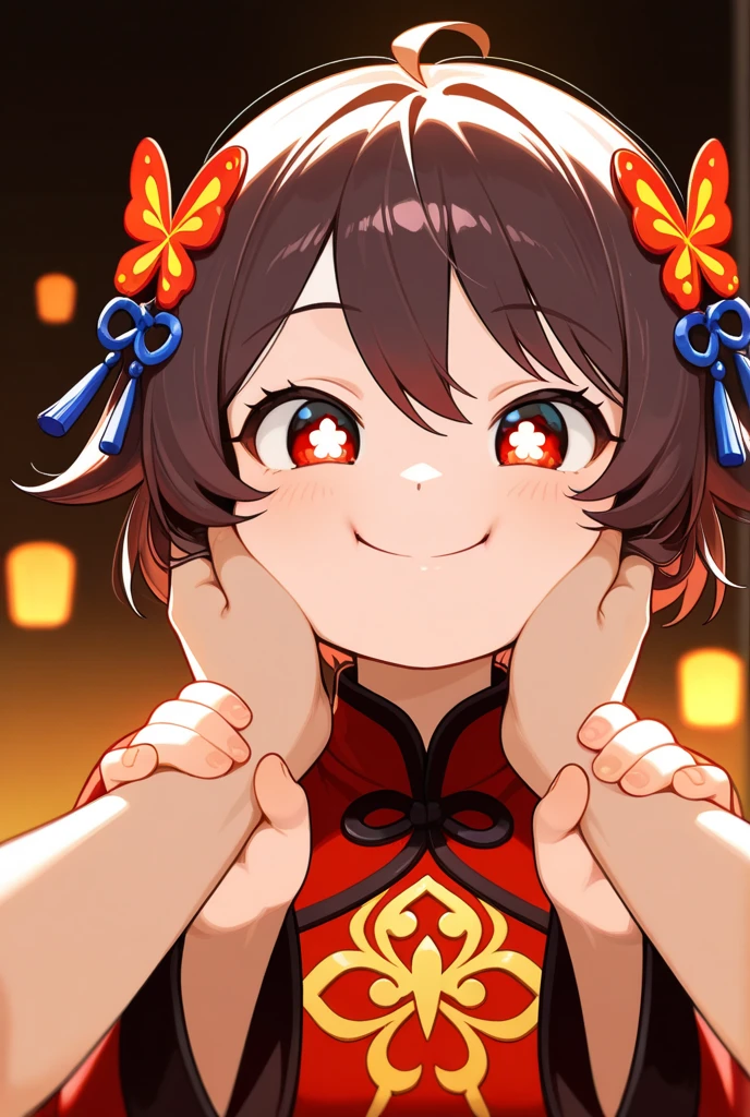 Anime character hutao genshin impact holding my hand while smiling happily