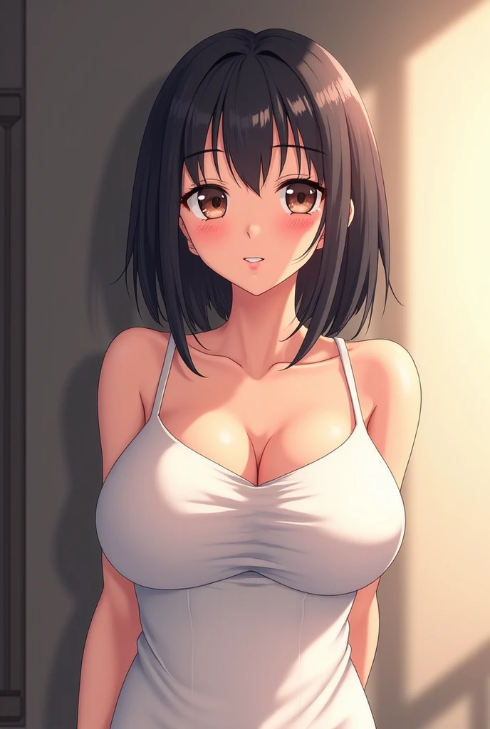 ((masutepiece, Best Quality, High resolution, extremely detailed 8K, Beautiful girl with a slender body, Ultra HD, Ultra-detailed, anime screen cap:1.3, anime colours:1.2)), suguha, (1girl in), (Black hair, bob cuts), (Lower your hands forward:1.5), facing at camera, lightsmile, (beautifull detailed face, Beautiful detailed eyes), (Huge breasts: 1.2), (White tank top, Thin material), cleavage, Dark Jeans Shorts, Cowboy Shot, Sweat, (Sunlight)