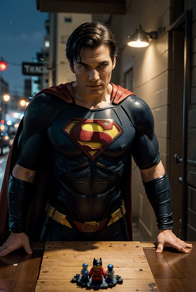 ultra hd:1.3, realistic, 1male, asia face, curly hair, superman outfit, very broken city background:1.3, view from front, (realistic eye)