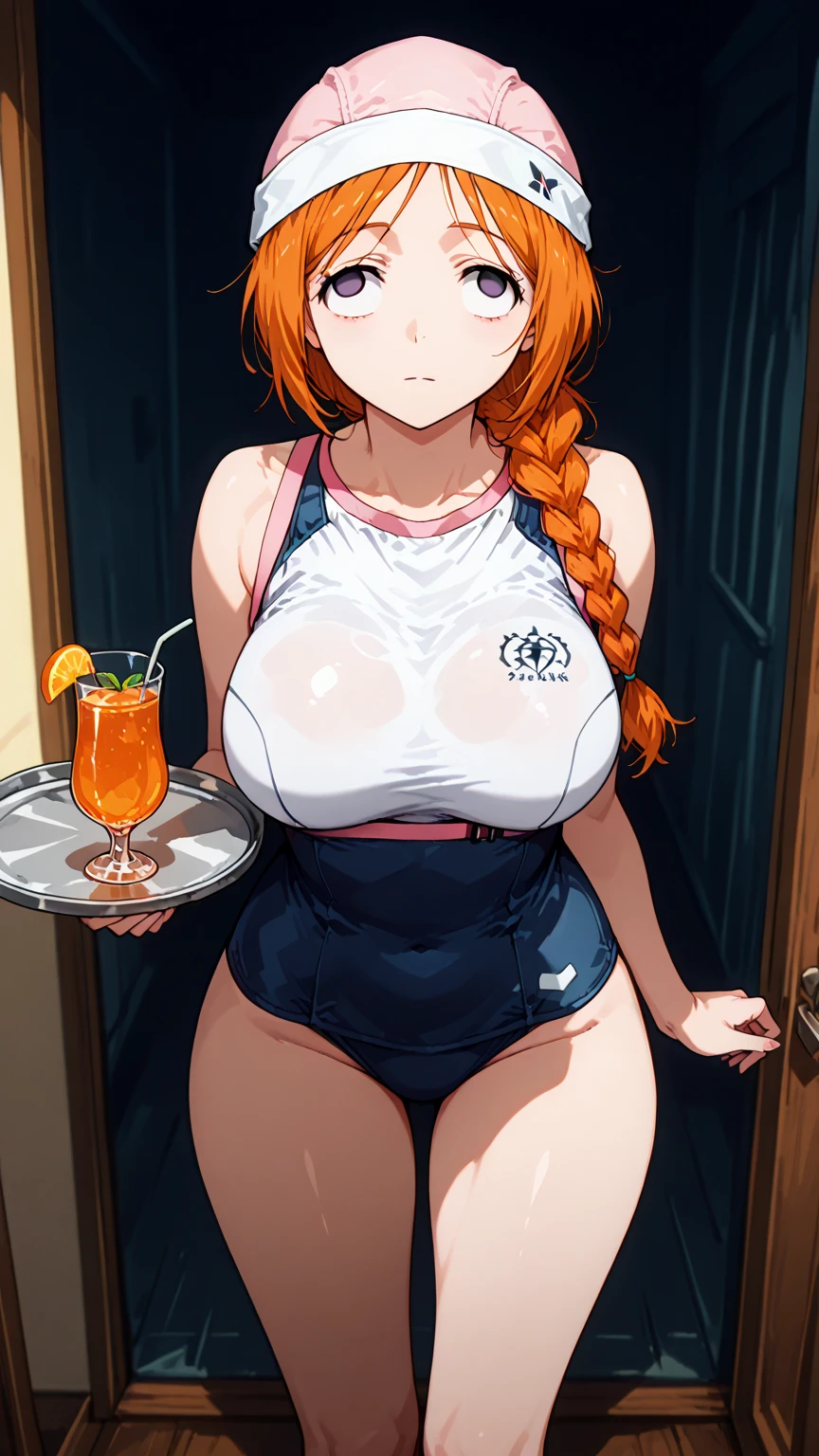 1girl, solo, nami, long orange hair, tattoos on her hand, equal bangs, (naked:1.3), (white apron), large breasts, cleavage, thighs, cafe background, (blushing:1.2), smiling