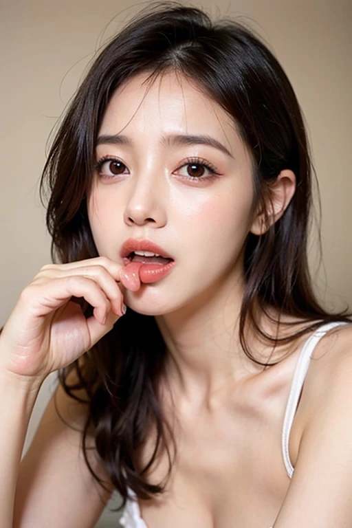 nude、Highest quality, masterpiece, Black Hair, Red eyes, look up, Upper Body, cute, Frilled shirt, smile,Redhead((Blowjob))(Put it in your mouth)