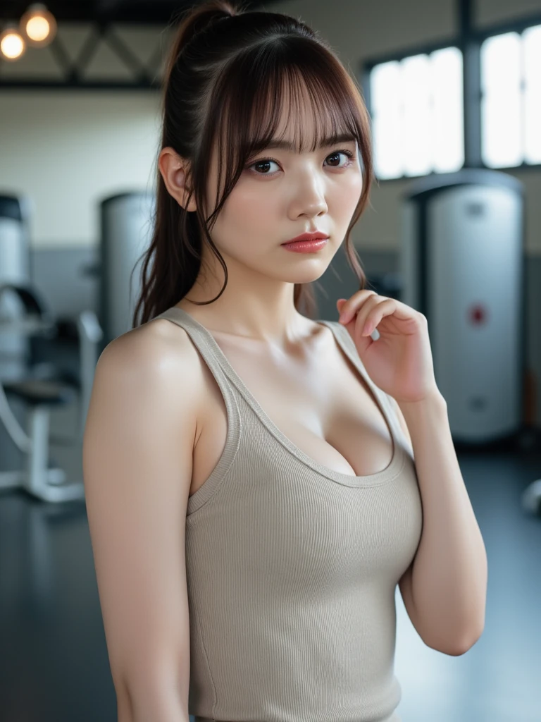 highest quality, Ultra-high resolution, (Realistic: 1.4), 1 girl, (Black Hair: 1), (Small breasts: 1.6), Gym Wear, exercise