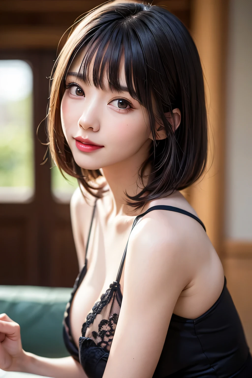 1 girl, alone, alone focus, Cowboy Shot, Portraiture, Beautiful small  with delicate design:1.4, Detailed design of school uniform:1.4、Pure beauty、Lovely beauty、Transparent beauty、Cool feeling、Transparent beauty、Half watercolor, Half Green, ((Brown Hair、bangs)), (Short Bob Hair:2、Gradient Hair :1.5), Curly Hair, ((Pink Eyes)), Very detailedな目, Sunburn, (Dark Caramel Skin:1.1、{Huge|big|Hugeな|Mega} chest:2, chestの谷間:2、Attractive and beautiful woman、beautiful long neck、Put out your ears、Happy smiling face with mouth closed), highest quality, Very detailed, so beautiful、so beautiful芸術的な背景, delicately painted, Reminiscent of Western art:2