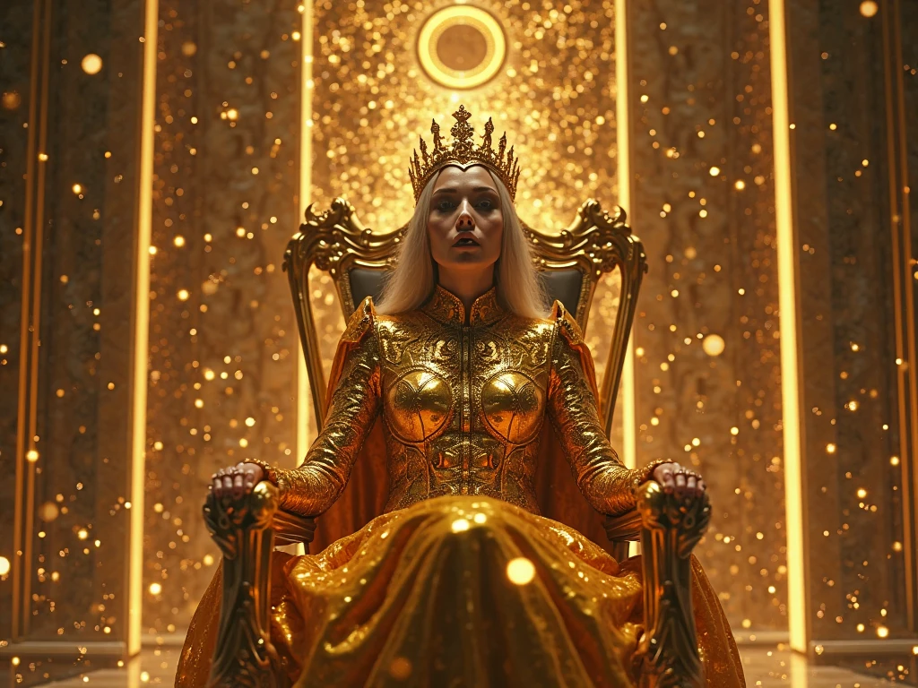 A gigantic mystical sorceress with vibrant red garments holds sway over a dystopian Earth. The relentless figure sits on an enormous throne in a grand hall, surrounded by her influential imagery and countless diminutive figures who kneel in reverence, considering her as their divine ruler.