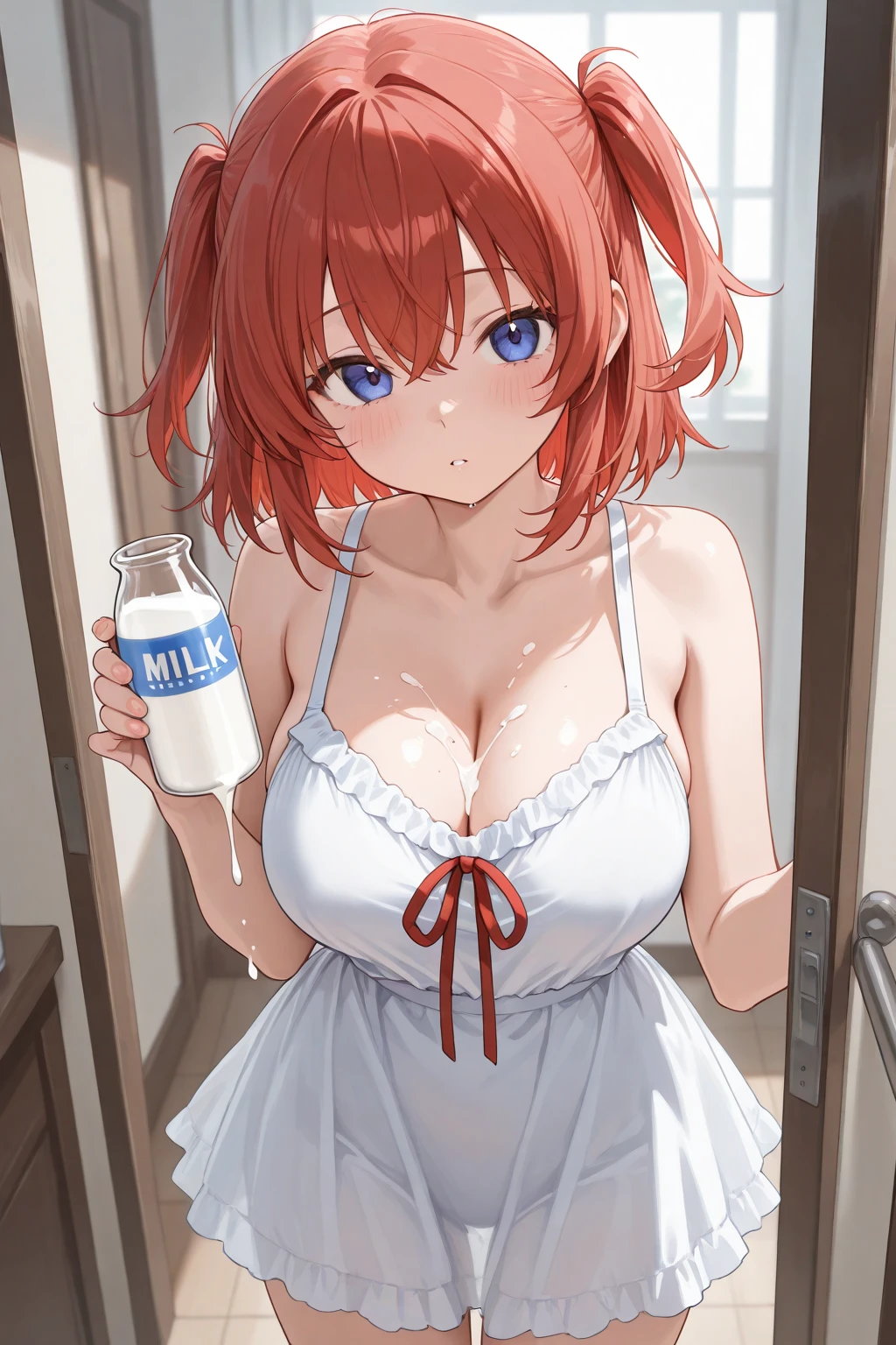 masterpiece, mischievous smiel, light blush, looking at viewer, sexy pose, ranma chan, naked, milking machine, detailed kitchen in the background, red braid, glass with milk