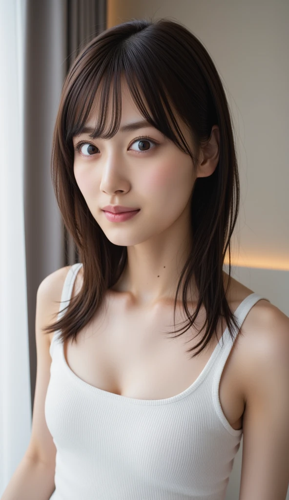 masterpiece、highest quality、Realistic、(超Realistic), (Awareness-raising), (High resolution), (8k), (Very detailed), (The best Awareness-raisingns), (Beautiful and fine details), (highest quality), (Ultra-detailed), (masterpiece), (wallpaper), (Detailed face), bed、Upper body close-up,(Underarm), Laughter,Plump,solo,(A girl wearing a white silk tank top with a plunging neckline), Sweaty, Japanese, (Camel Toe)、Big Breasts、living room, Well-maintained white teeth、Ultimate beauty、Sweaty、Cleavage、