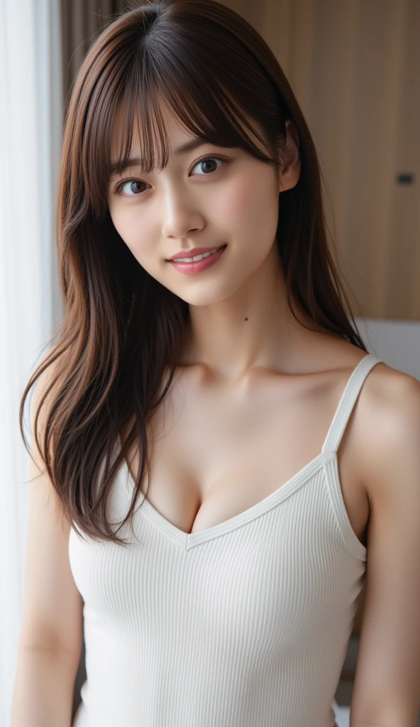 highest quality, masterpiece, Ultra-high resolution, (photo Realistic:1.4), (Written boundary depth), Realistic, Professional lighting, Physically Based Rendering, 1 Japanese girl, (A satisfied smile:1.2), Cinematic Light,Focus on the eyes, Very detailed, Tight waist, 19 years old, Disheveled long hair, Reverse Hair, Asymmetrical bangs, Light brown hair, Hair blowing in the wind, so beautiful, Happy, Very fine particles, Delicate arms and hands, Cleavage cutout, Perfect and delicate limbs, Attention to detail and beauty, Real skin texture, (Black camisole), Lots of exposure, Detailed fabric, Blurred Background, indoor, bed, Spread your legs