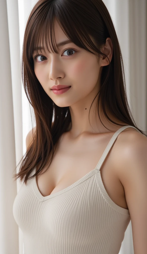 (One Girl), Very cute face, Great face and eyes, (Highly detailed eyes, Highly detailed face), Fresh, Very beautiful appearance, (Ultra-realistic, High resolution), (Highest quality:1.4), RAW Photos, (Realistic, Realistic:1.37), Professional photography , ((Wet beige tank top:1.2)) , Cleavage, (Exposing shouldersさせる), Laugh a little, (look at me), Bedroom, Portrait of a Girl  ,((Small breasts))  ,(Erect nipples:1.1) , Exposing shoulders , 15 years old