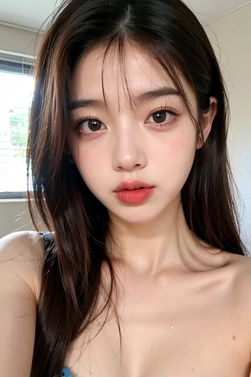 (realistic, high resolution:1.3), 1 girl with the perfect body, Very detailed face and eyes,long hair, Random color tank top:1.2, short jeans, big girl,Revealing the cleavage