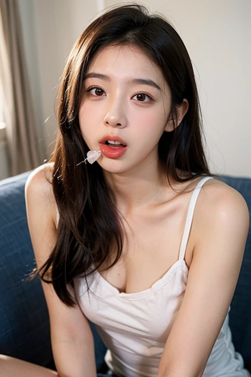 ((masterpiece)), ((highest quality)), (Super detailed), ((very detailed)), 4k, (8K), highest quality, alone,kind face、soft light、put penis in mouth、sweaty face、spread your legs