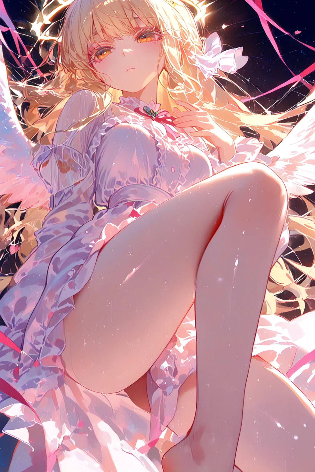 ((傑作 Highest quality:1.4)), ((Tabletop, Highest quality)), (8K quality), (Detailed Background:1.3), (Detailed face:1.3), (Cute Teenage Girls, alone),Beautiful portrait、Delicate body、Frilled blouse,Long Check Skirt,Vintage, Long blonde hair,Cinematic Light,A small smile,Tilt your head、Lying in a fluffy bed、sunlight、Shaking breasts、、Nipples、((She spreads her legs wide open to show her pussy))、Flip Skirt、Luxury Clothing、Rainbow glow, Beautiful sparkle,