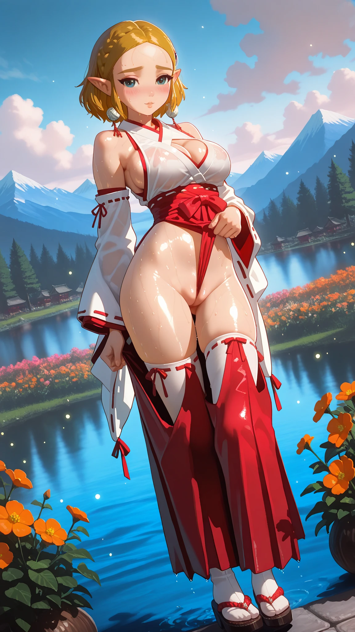 masterpiece, best quality, roxanne, dog ears, fluffy dog ears, collar, sundress, looking at viewer, garden, autumn, sunset, large breasts, ass, smile edgYSD, woman wearing a sundress, very voluminous very fluffy very long dog tail, dog tail starts immediately above butt, dog tail starts from skin, entire dog tail visible, short hair, bloomers, flushed skin, blushing face, red cheeks, lewd smile, slightly open mouth, gravure, pinup, very long legs, no ears, open-back dress
