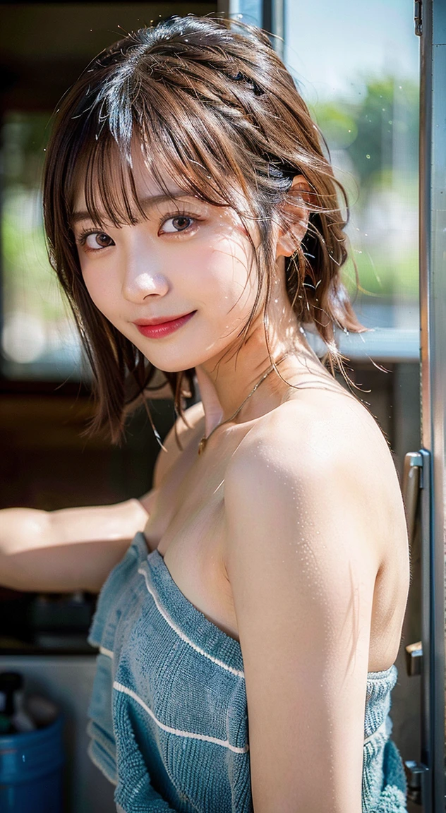 (masterpiece:1.3)、14 years old、Shapely small breasts、slender、Slim body、Very fine finish、(High resolution、8k:1.3)、highest quality、Beautiful Hands、Beautiful Hands指、(Ultra-realistic as a photo:1.3), Ultra High Resolution Face、The face is in focus、Ultra high definition and beautiful eyes、(Concentrated eyes:1.3)、(Eyes are symmetrical:1.3)、High quality and beautiful skin、Firm Skin、Natural Makeup、Gloss lips, Ultra HD Hair Texture、Japanese women、high school girl、(超High resolution)),8K,14 years old、Small breasts、Flat Chest、Small breasts, , Very short hairstyle, Green mini skirt, Red tie、Navy blue Y-shirt、Idol Sculpture, Wet, smile、Pink wall、sexy、slender、Well-shaped small breasts、I can see your thighs,Nogizaka Idol、smile、cute、