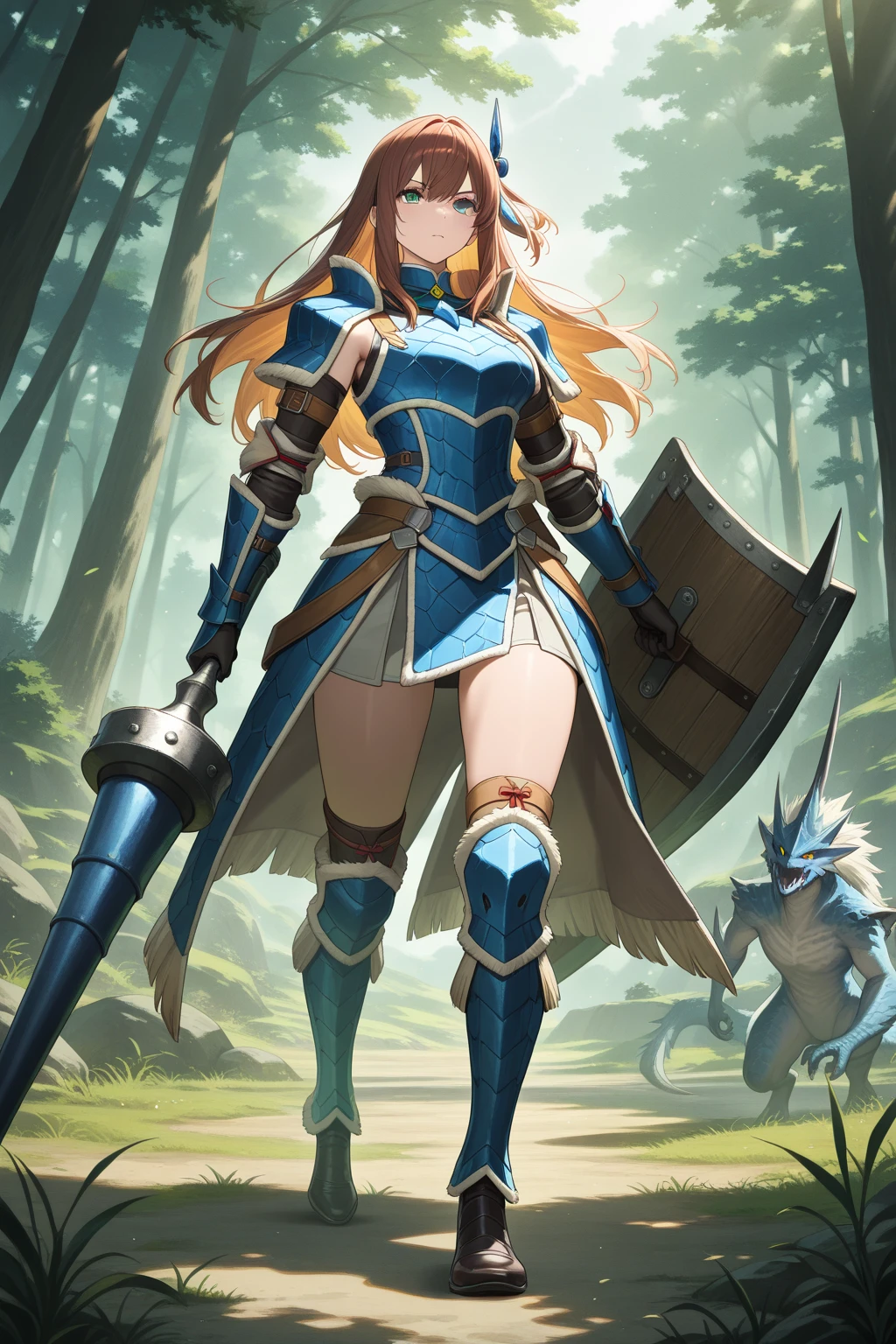 character portrait of an adult, (female:1.4), (human:1.2), thin, hi res, soft shading, good anatomy, cinematic lighting, by woolrool, crayon \(artist\), buta99, athletic, detailed background, outdoors, azure rathalos armor, rathalternate, standing, helmet, detailed eyes, beautiful eyes, brown hair,