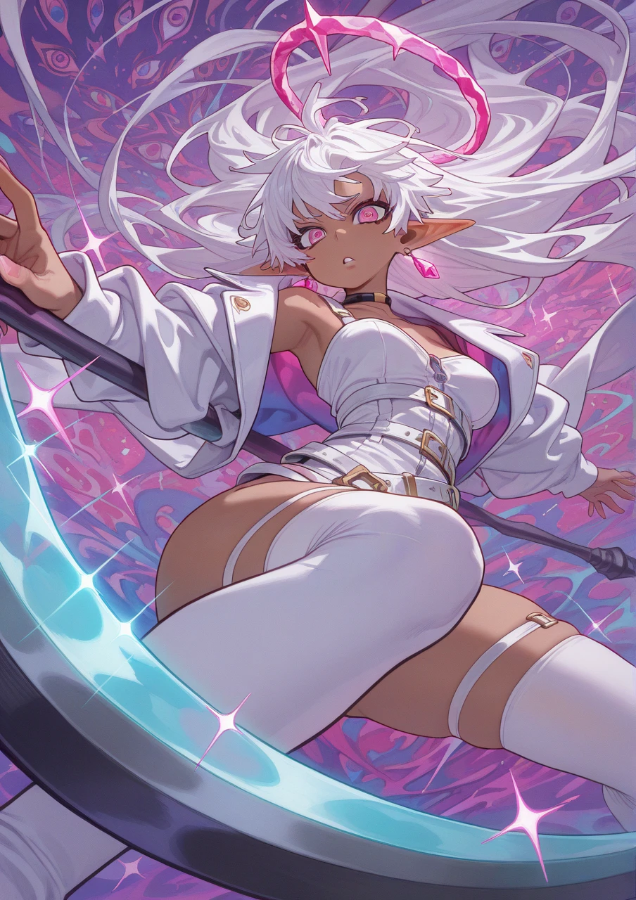 whole body, (work of art, best qualityer), Youngh, White hair, darkskin. pink eyes, long hair, collant branco, smallbreast,