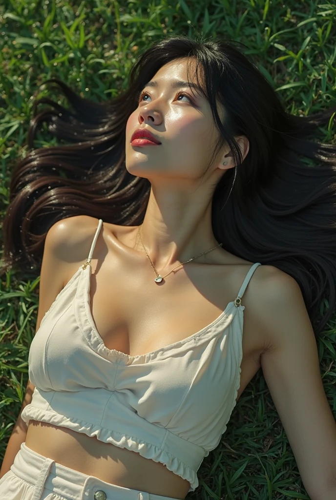 Hiring, genshin impact, top-less, A white sheet covers her vagina, lying on the grass, big breasts, 4 arms