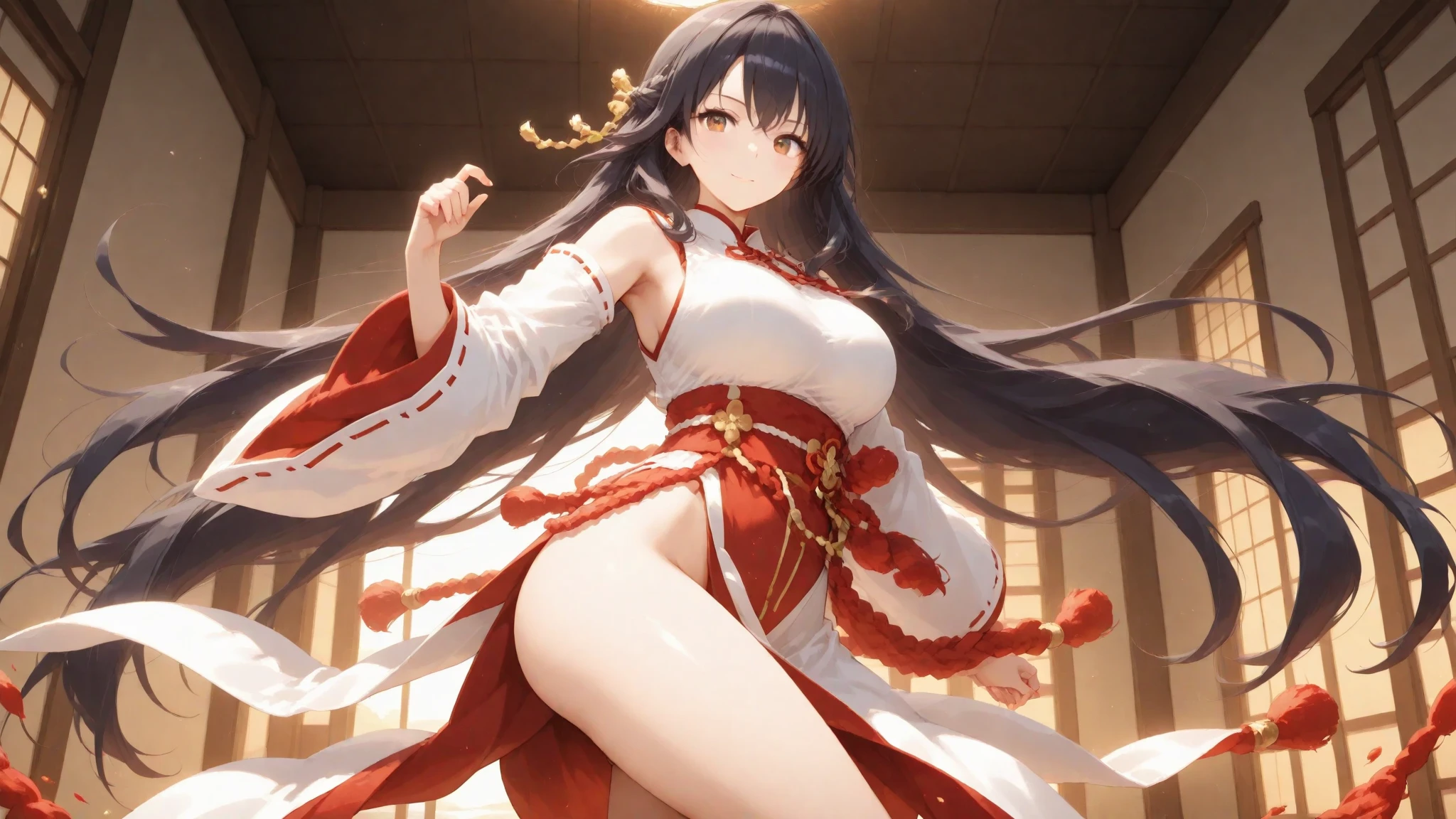 Black-haired flat-chested girl，Hairpin，Chinese imperial concubine clothing，thong，thigh，Standing，Chinese Palace, 