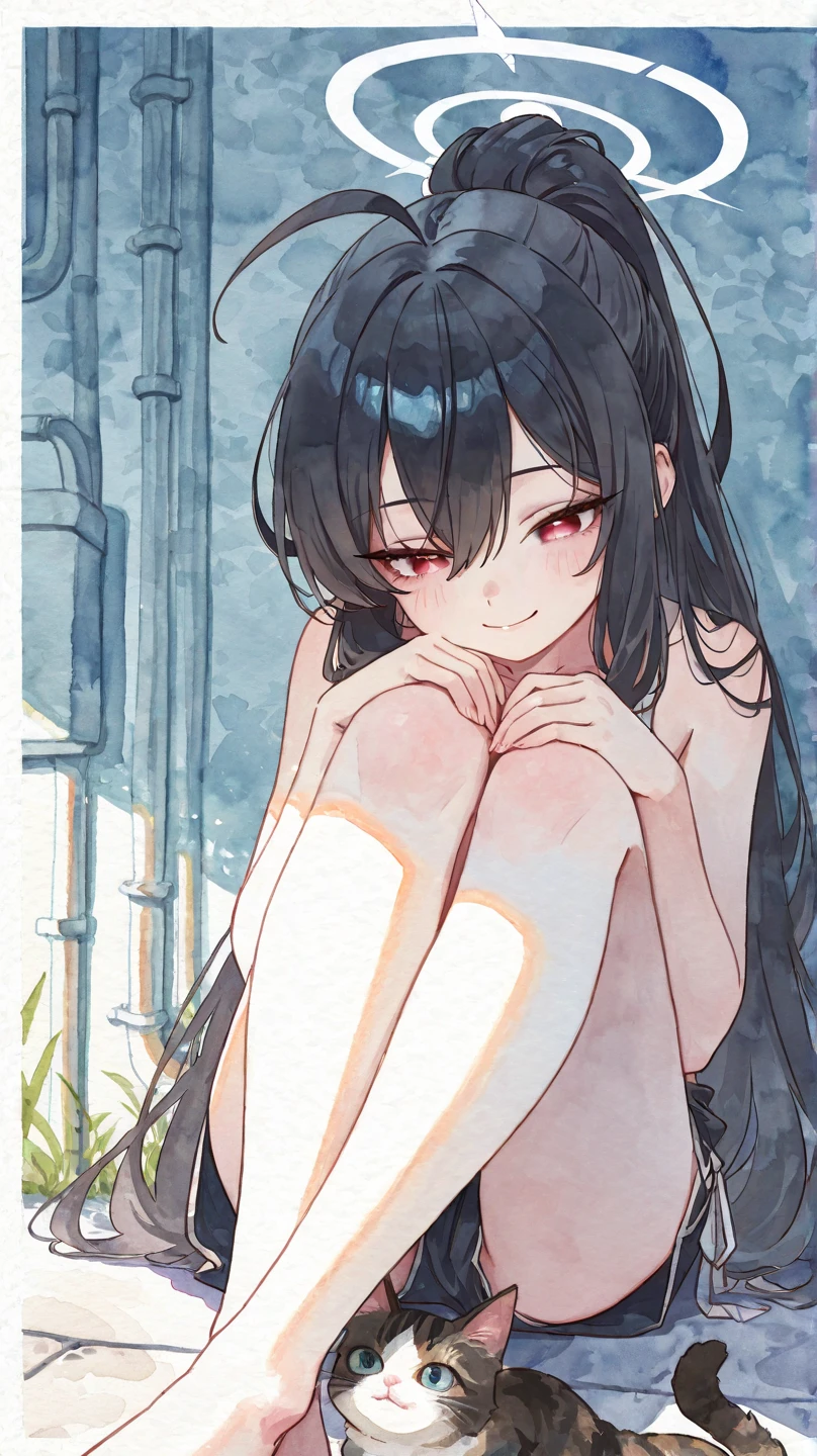 long_hair, 1girl, solo,<lora:HairCensorV1-000008:1>,hair censor, pants,from side (topless), sitting,full body, indoors
