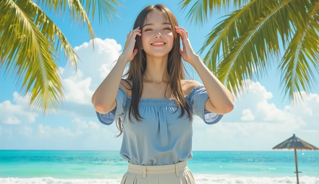 Asian Women, 18 years old, long brown hair, 1, long brown hair, curly, brown eyes, Wearing a light cream-colored T-shirt and white shorts., ผิวAsian Women, An inviting smile, sexy, super model, Lingerie model, Atmosphere of rocks, beach, sea, flying birds , 3D virtual reality